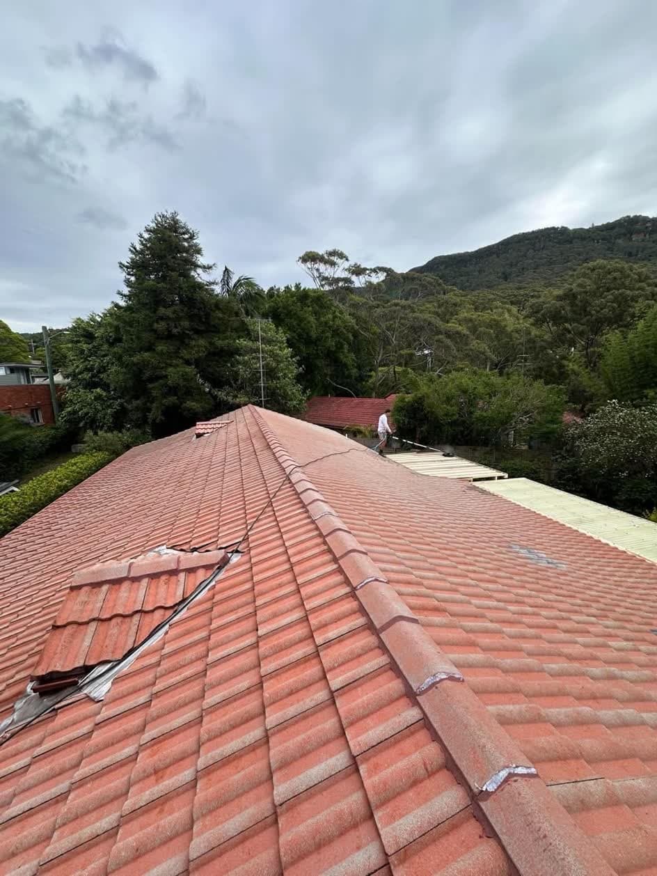 Faded terracotta tile roof with tiles lifted for repair